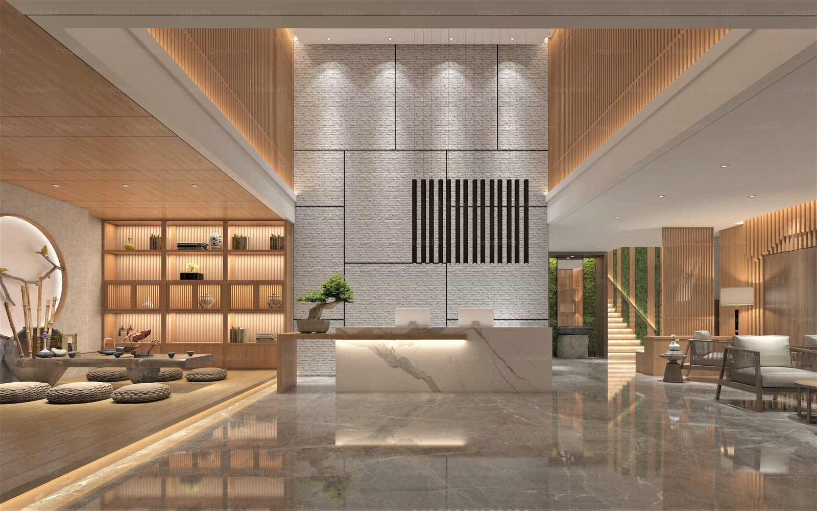 A public room in a hotel with worn floors and daylight.