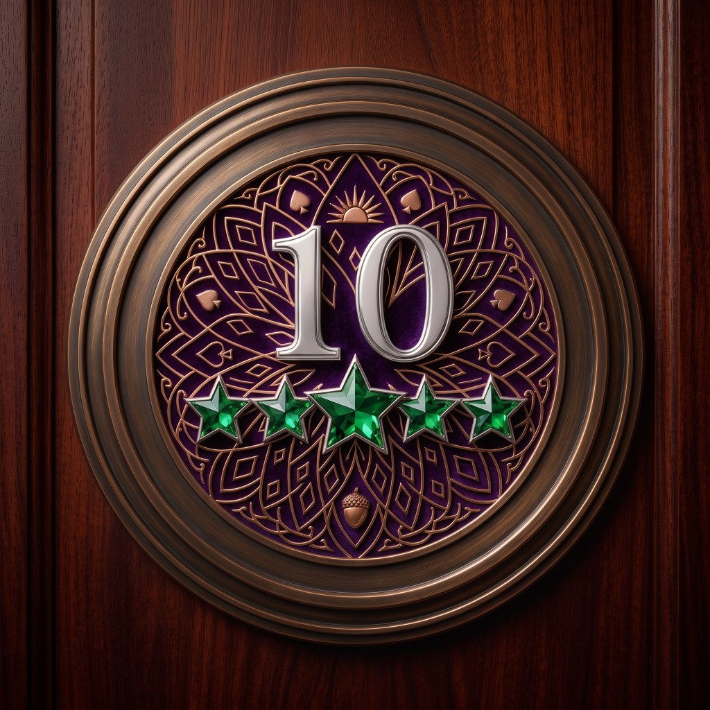 A circular bronze plaque with a silver ten and five green stars, set on dark wood.
